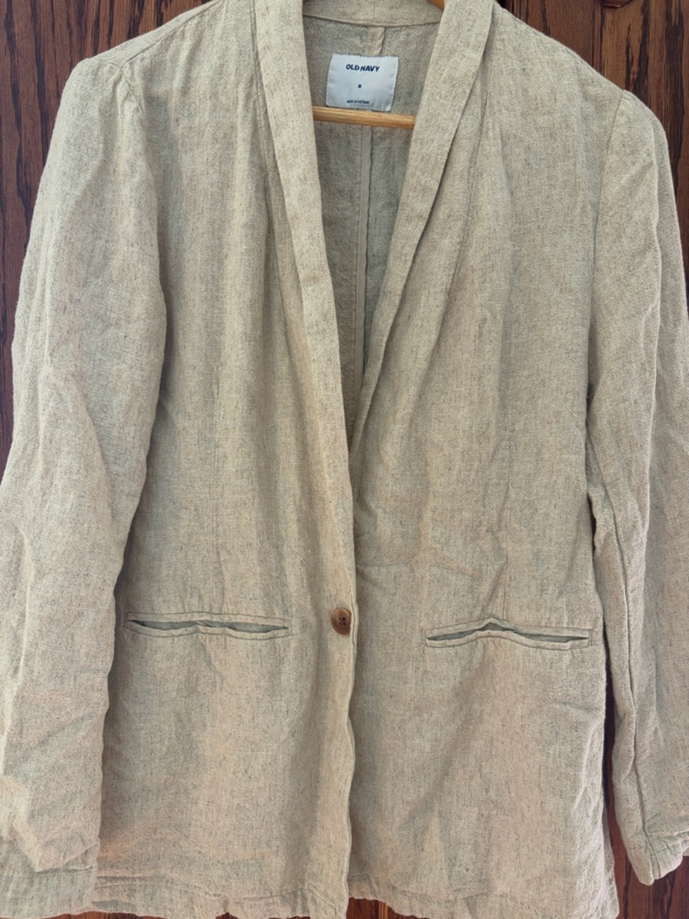 Old Navy Beige Linen-Blend Relaxed Blazer with Brown Button